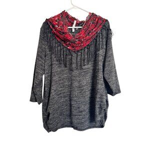 NY Collection Gray Heather Lightweight Sweater Size XL Red Scarf NWT